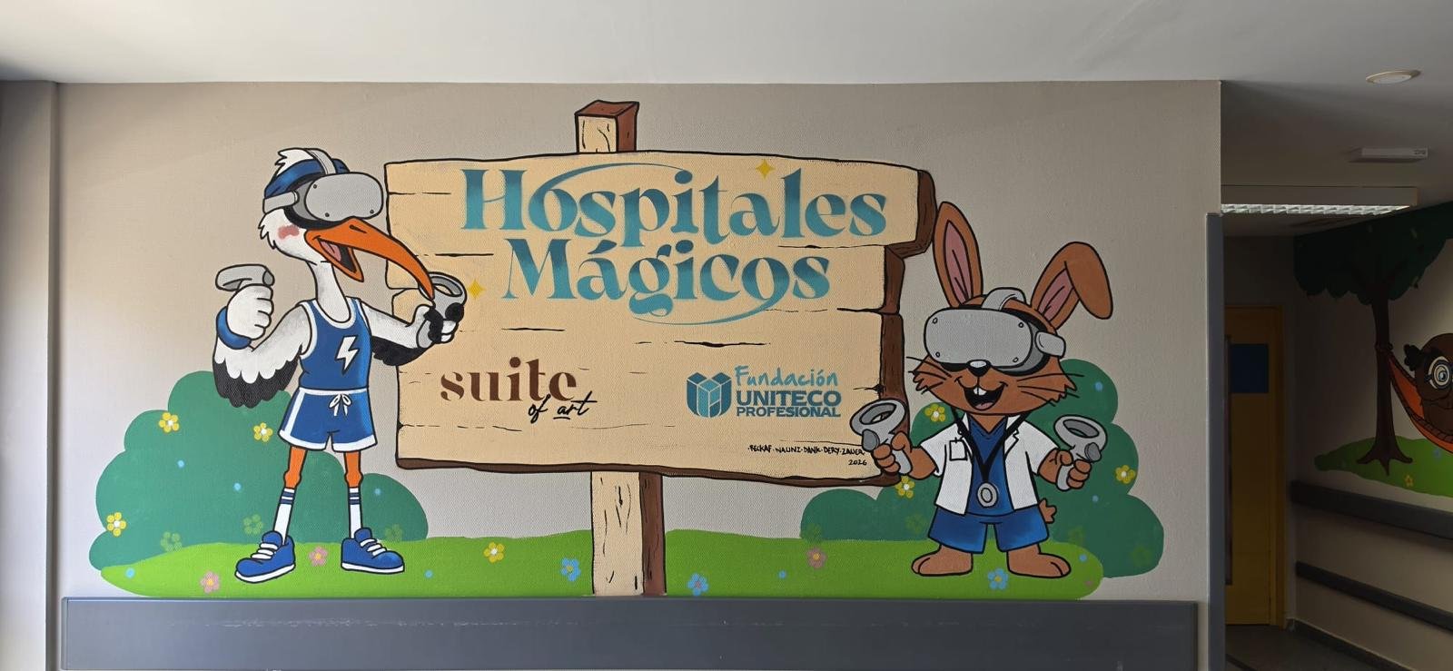 Área pediátrica humanizada del Hospital Universitario del Sureste con murales y realidad aumentada de Hospitales Mágicos