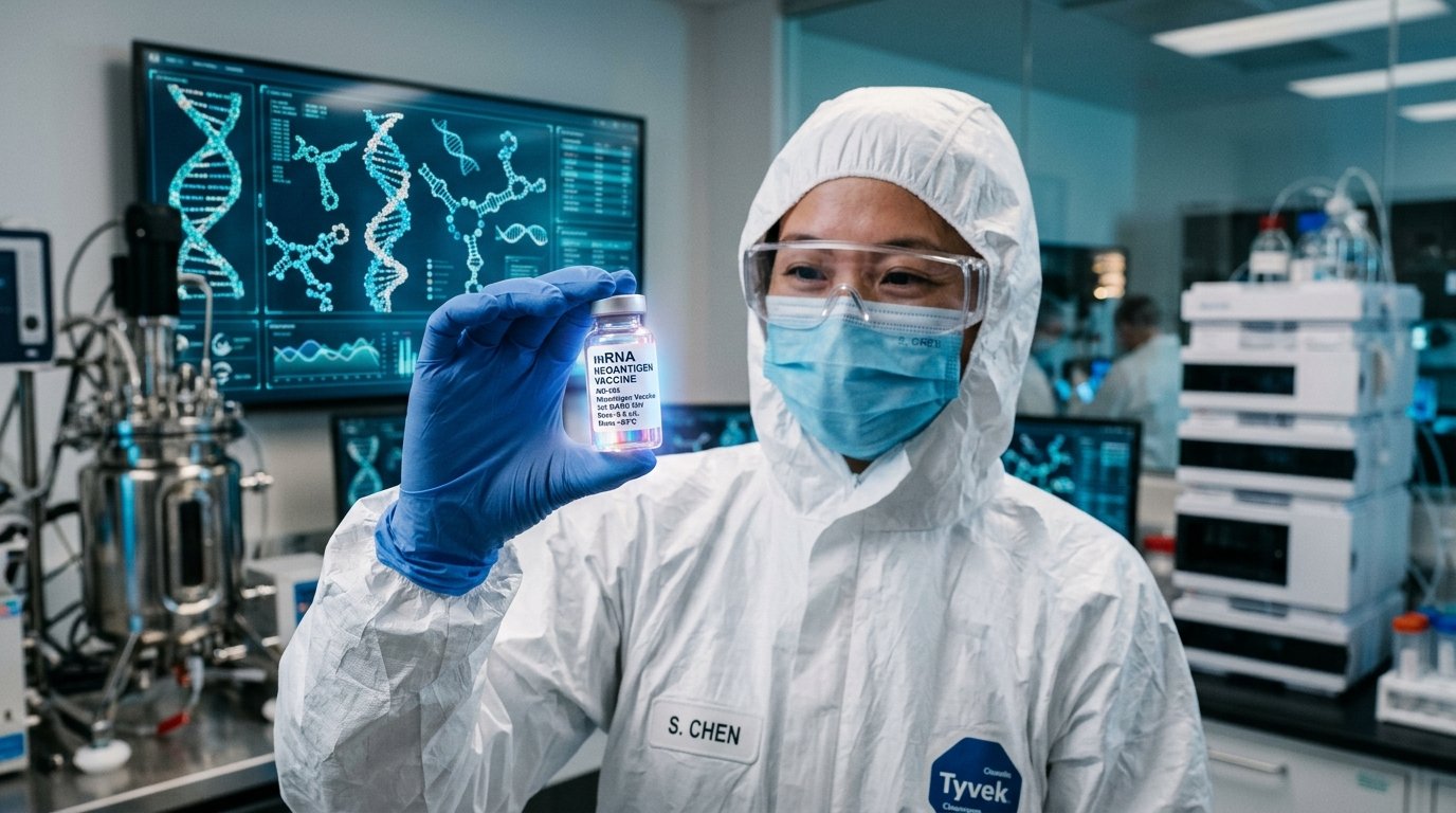 Científica en sala blanca sosteniendo vial de vacuna de neoantígenos de ARNm contra el cáncer de páncreas